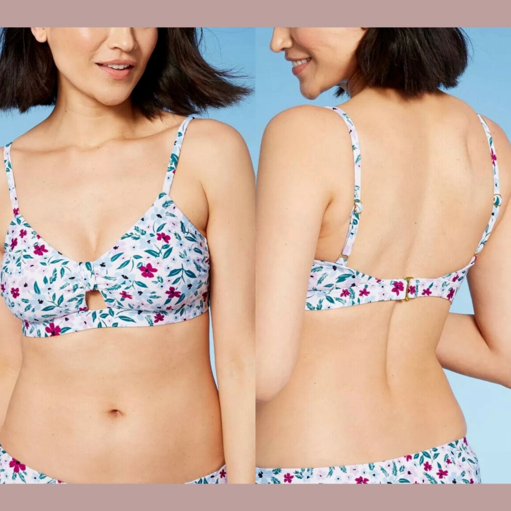NWT Kona Sol [ Medium‎ ] Floral Knot Front Bikini Top in White